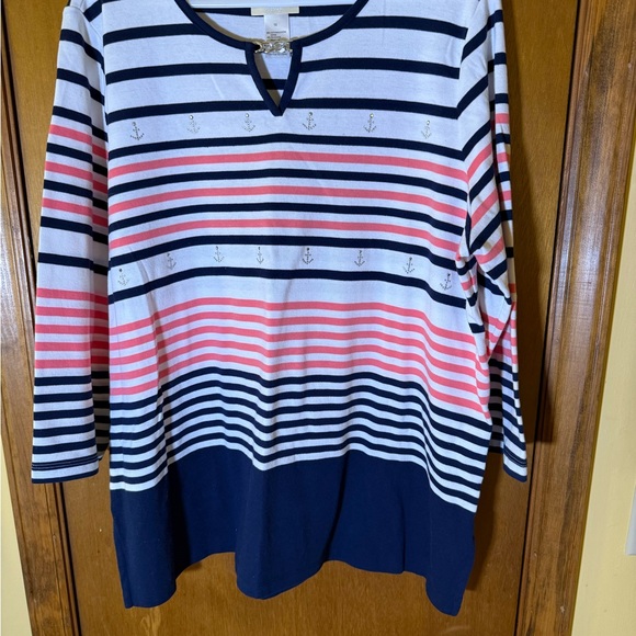 Alfred Dunner Tops - Alfred Dunner Black and White Striped Top with Silver Chain Accent
